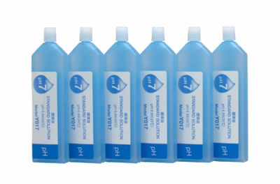 Horiba pH 7.00 buffer solution bottle set 6 x 14 ml, front view with labels, calibration solution for pH measurement, precision buffer for LAQUAtwin testers, pH 7 neutral buffer solution